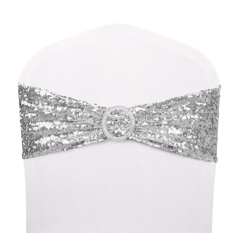 Desirable Life Pack of 25 Chair Sashes Sequin Stretchy Spandex Bands Decorative Bows One-Sided Sequins Decor for Romantic Wedding Party Home Chair Cover Sash Decorations - Silver - Image 1